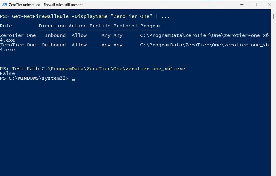 PowerShell showing two Windows firewall rules named ZeroTier One, inbound and outbound, Allow, any profile and protocol, for zerotier-one_x64.exe, and Test-Path returning False for that file